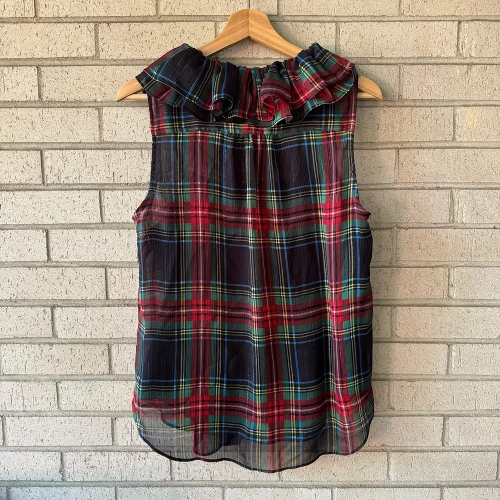 J Crew Sleeveless ruffle-collar top in black Stewart tartan | plaid | Sz Small